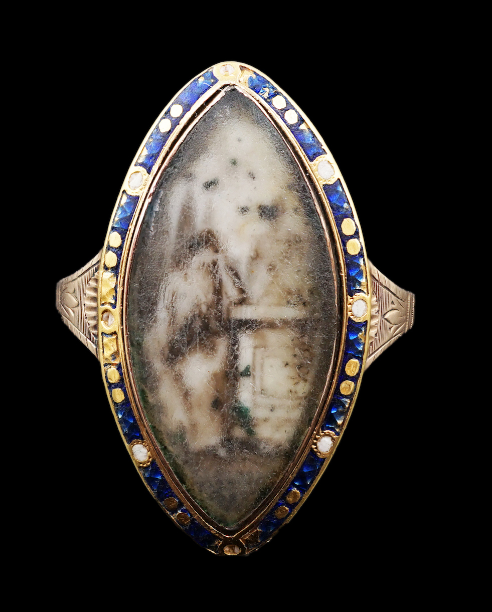 A George III gold and two colour enamel set navette shaped mourning ring, CITES Submission reference MFD9LPN4